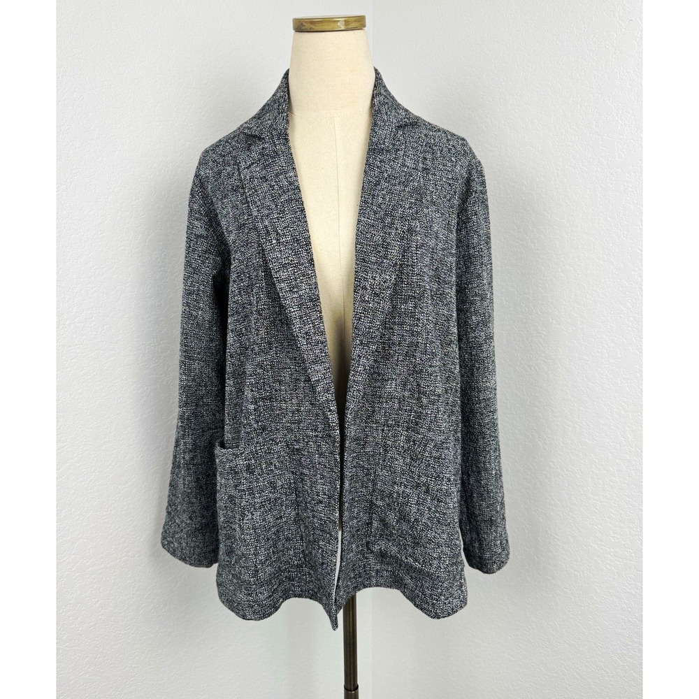 Eileen Fisher XS Black White Speckled Knit Collared Pocket Cardigan Sweater